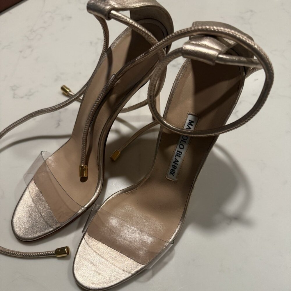 Manolo Blahnik Women’s Estro Leather & PVC Ankle-Tie Sandals in Rose Gold